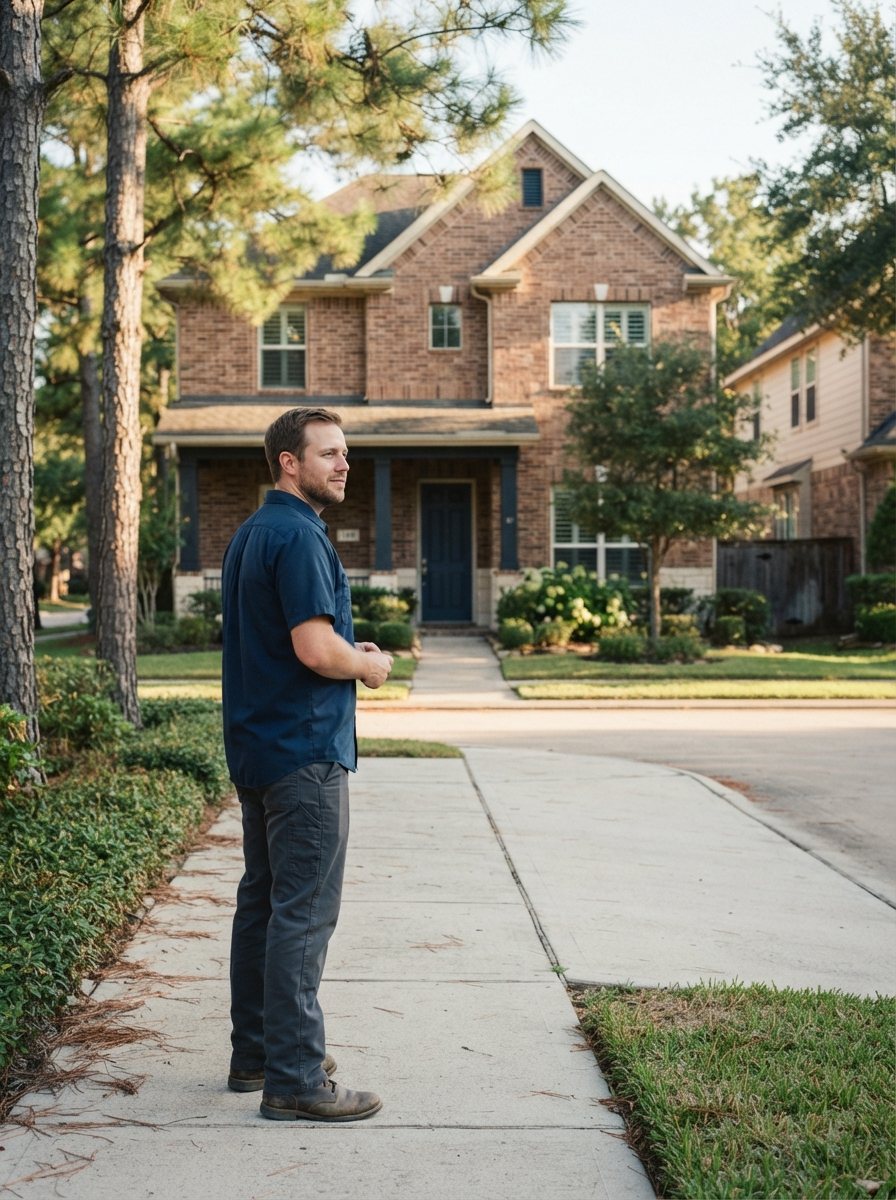 One person standing on a clean sidewalk in front of a well-kept two-storey brick home, seen from slightly behind and to the side so the home's facade faces the camera squarely, settled unhurried posture, hands relaxed, pines and a trimmed verge framing the shot, late-afternoon pine-filtered light, no for-sale sign, no lockbox, no folder or clipboard.