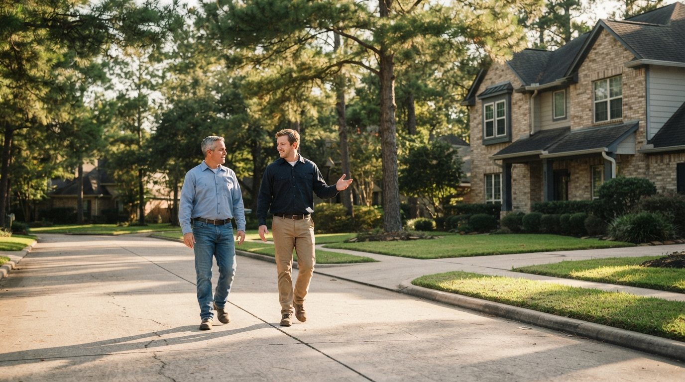 Two people mid-conversation walking a wide, clean, well-kept residential street in a wooded North Houston neighbourhood in late-afternoon light; both figures whole and fully inside the frame, standing centre-left at mid distance and seen front three-quarter so faces and gestures read, the primary subject being the person turning to gesture toward a well-maintained two-storey brick-and-siding home whose facade faces the camera on the right; the pine canopy fills the very top of the frame so there is no open sky headroom above the figures, dappled light on dry pavement, trimmed lawns, no signage, no for-sale board, no handshake, no clipboard.