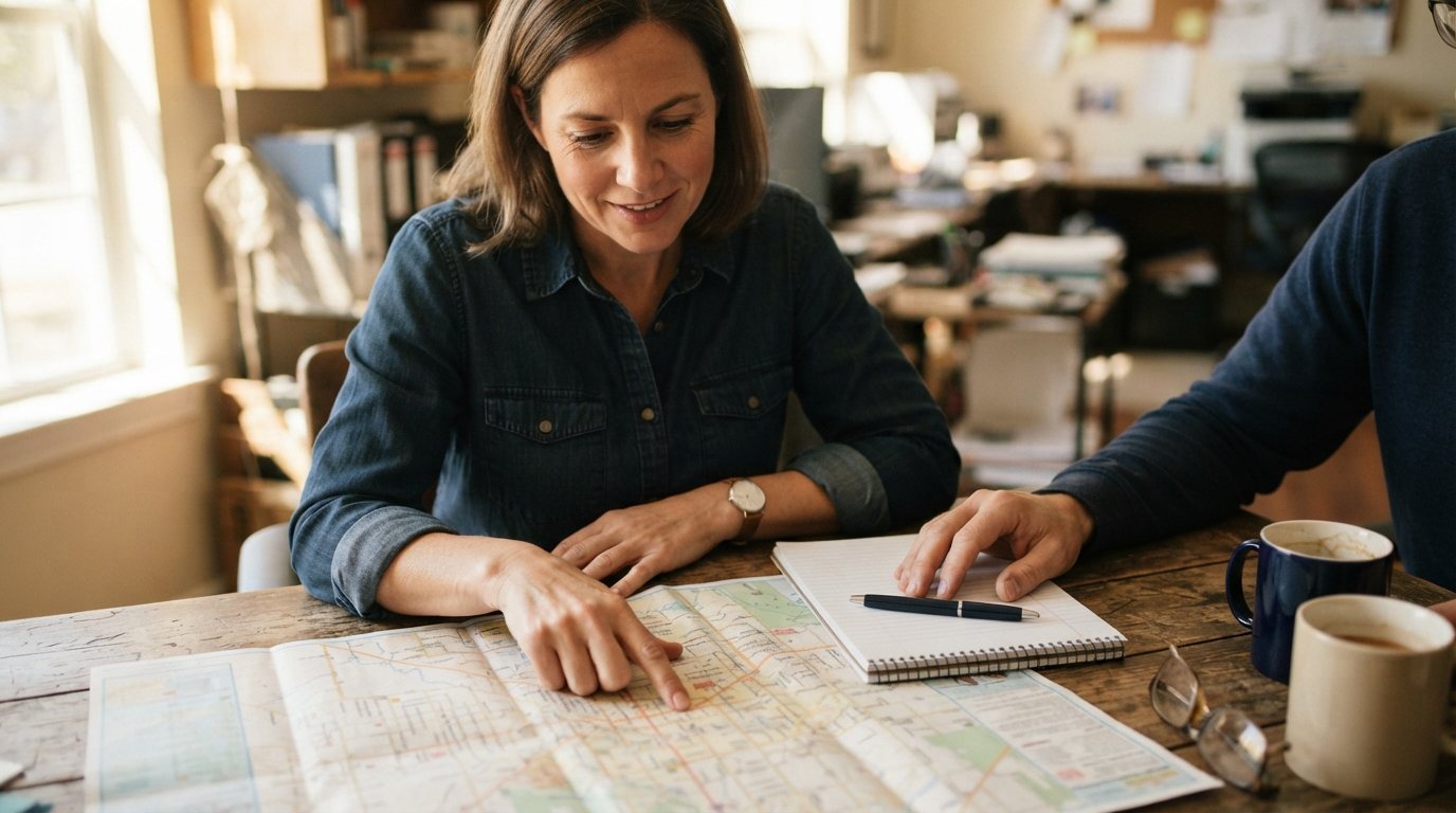 Two people's hands over an open paper street map spread on a wooden table, one hand resting beside a notepad with a pen laid down, two half-full mugs and a pair of reading glasses at the edge, shot close and slightly overhead in warm window light.